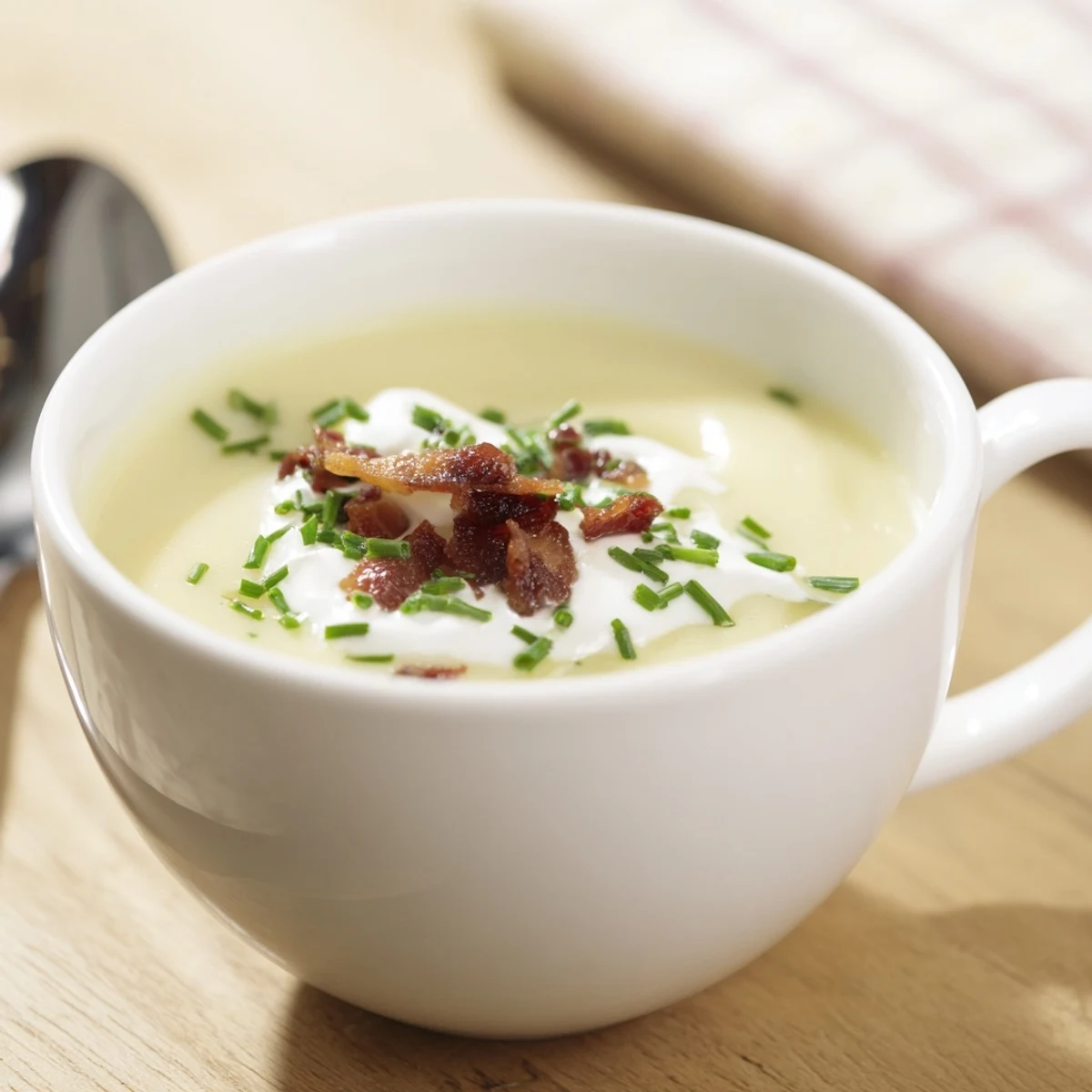 A warm bowl of creamy potato soup garnished with fresh chives and crumbled bacon.