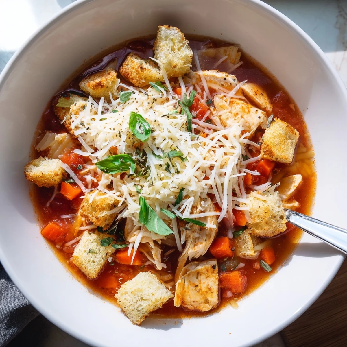Steaming bowl of Grilled Chicken Parmesan Soup topped with melted mozzarella and fresh basil leaves.