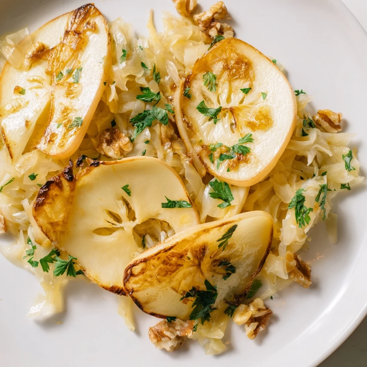 Warm Apple and Sauerkraut Skillet Salad featuring golden, caramelized apples and sauerkraut sautéed in a cast-iron pan with caraway seeds.