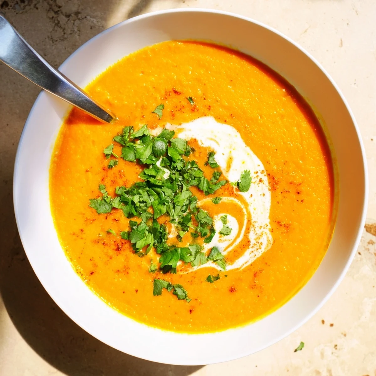 Creamy Carrot and Lentil Soup garnished with fresh herbs and a swirl of coconut cream, served in a rustic bowl.  