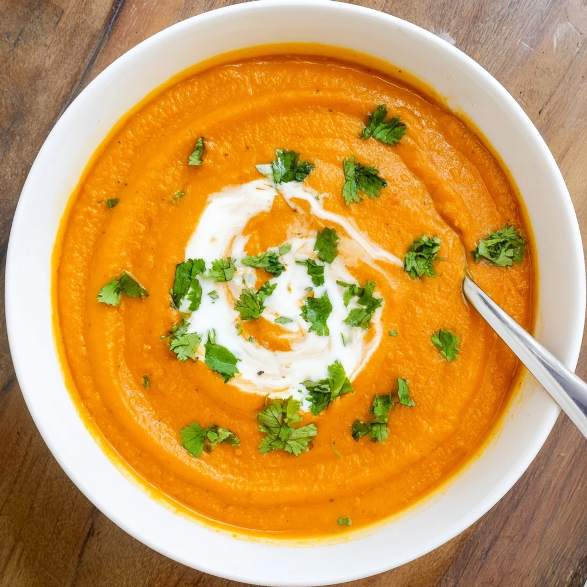 Vibrant orange Carrot and Lentil Soup with warm spices, steaming beside crusty bread on a wooden table.  