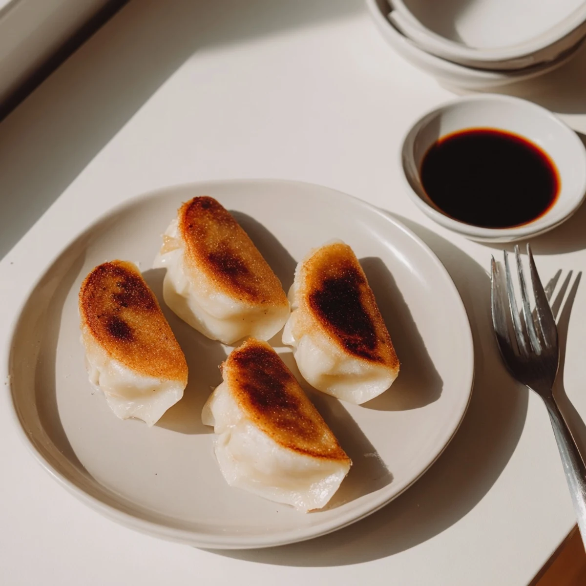 Golden-brown smashed gyozas sizzling in a skillet, served with a small bowl of dipping sauce and fresh cilantro garnish.