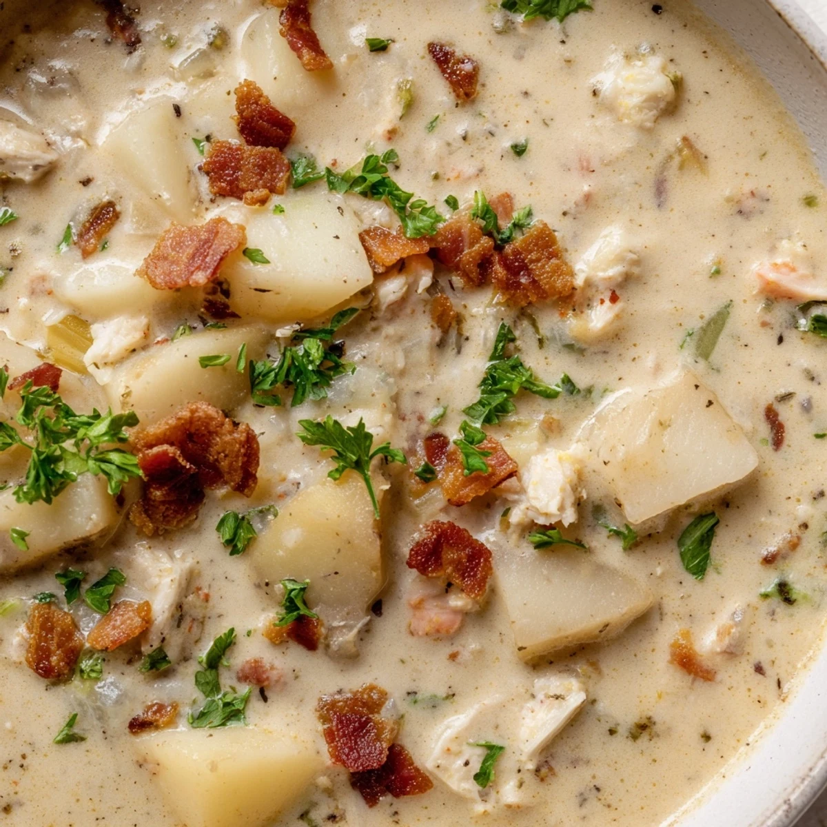 Rich New England Clam Chowder in a rustic pot, featuring diced potatoes and crispy bacon bits.