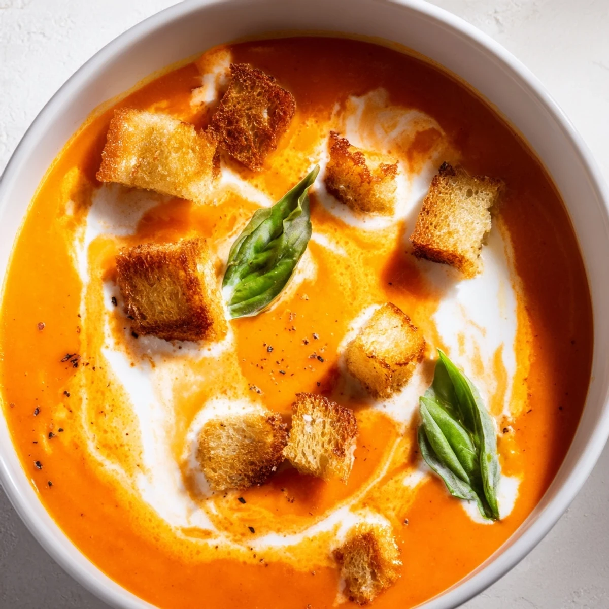 Creamy roasted tomato soup swirled with fresh cream, served in a rustic bowl with crispy homemade croutons.