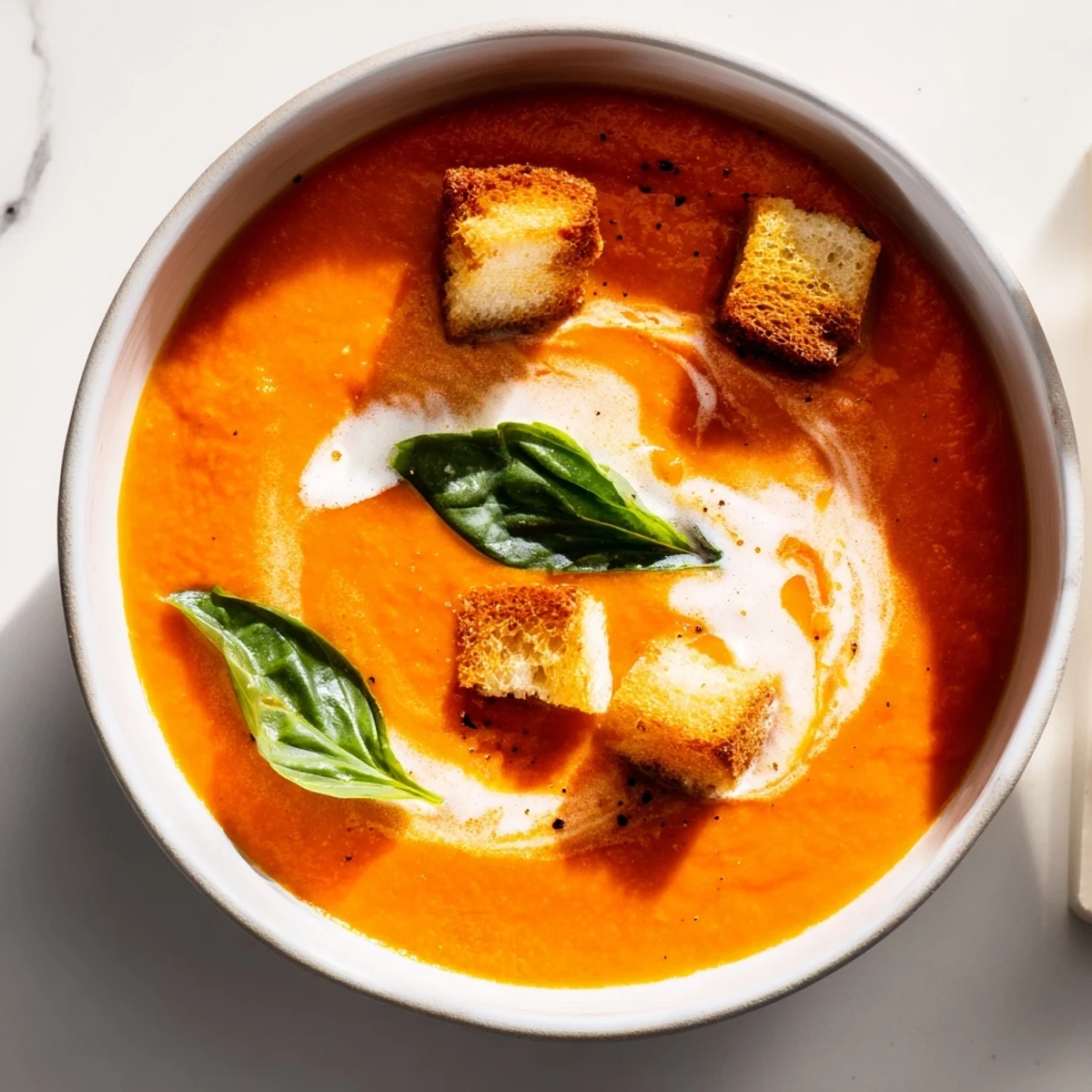 Golden roasted tomatoes and caramelized onions blend into a velvety, creamy roasted tomato soup topped with fresh basil garnish.