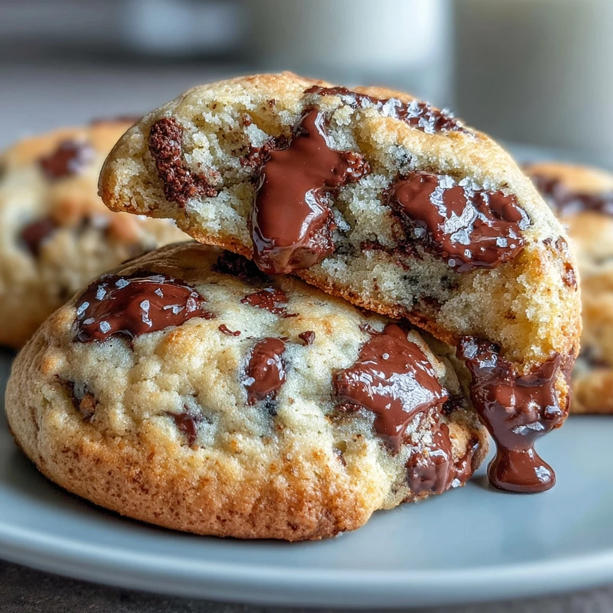 Freshly baked Yogurt Chocolate Chip Cookies are arranged on a wooden board with a glass of milk for dipping.