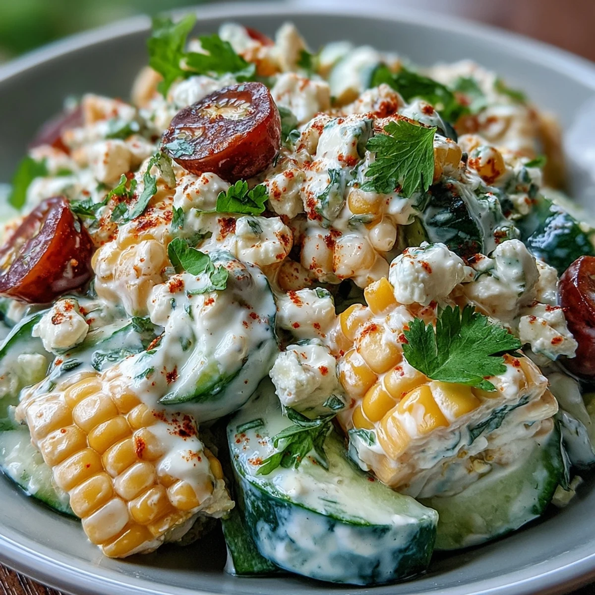 Fresh Street Corn Creamy Cucumber Salad in a bowl with corn, cucumbers, tomatoes, and creamy dressing.  