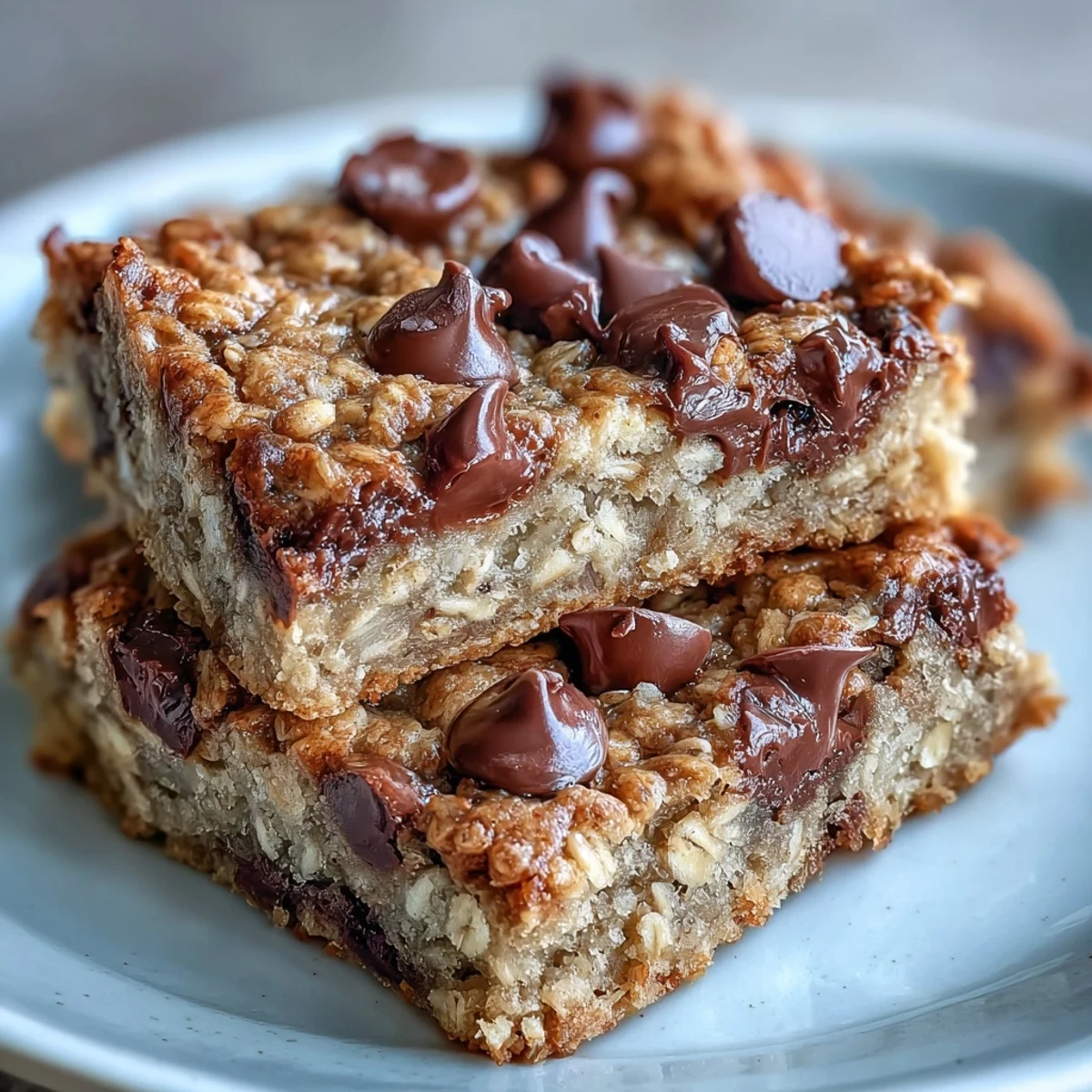 Golden-brown baked oatmeal bars studded with chocolate chips rest on a cooling rack, showcasing their soft, chewy texture.  