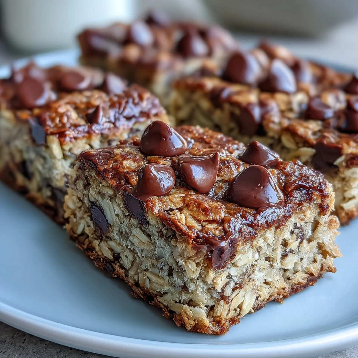 These wholesome baked oatmeal bars, some with a drizzle of almond butter, sit stacked on a rustic wooden board.
