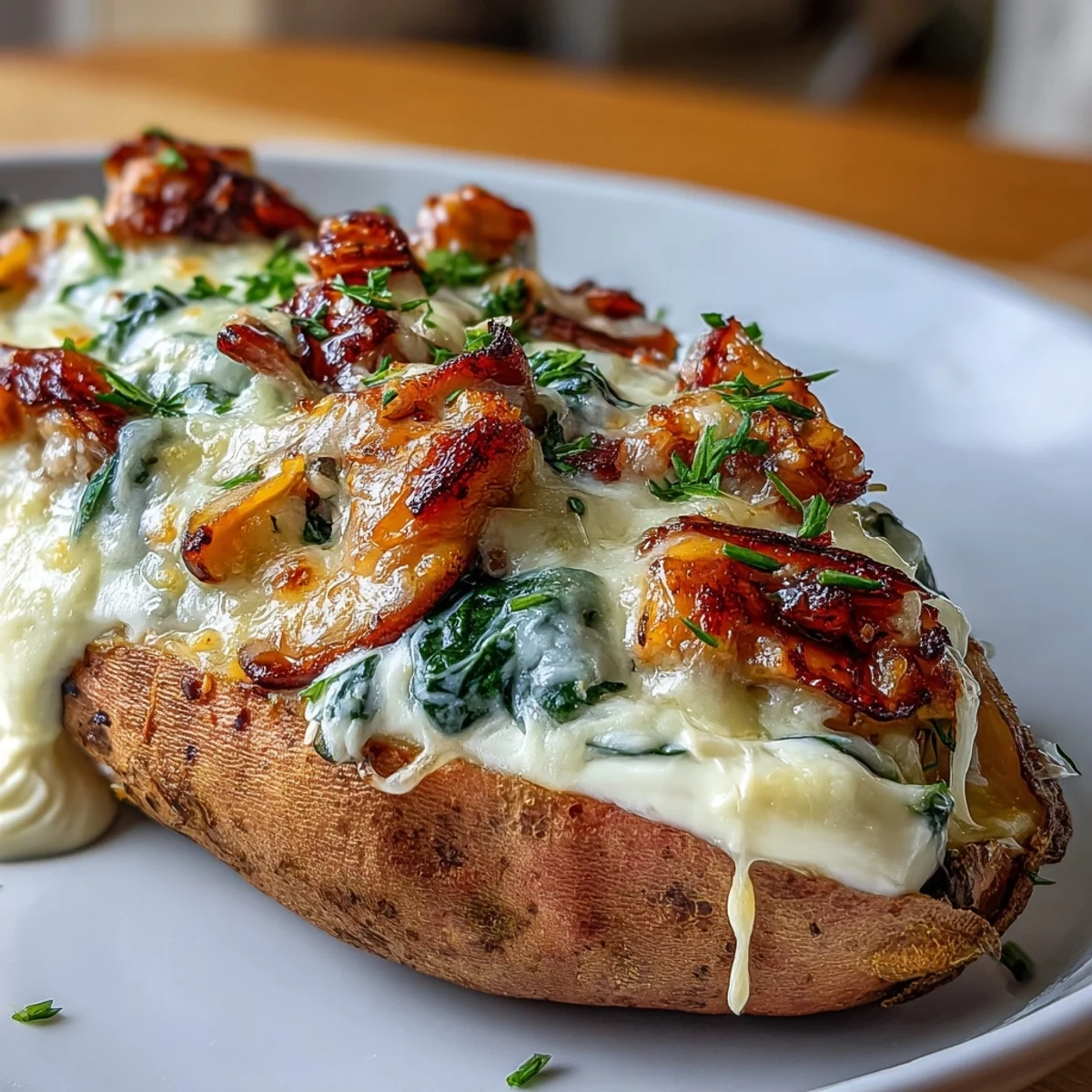 A close-up of Creamy Mushroom and Spinach Stuffed Sweet Potatoes, garnished with fresh herbs, perfect for a cozy vegetarian dinner.  