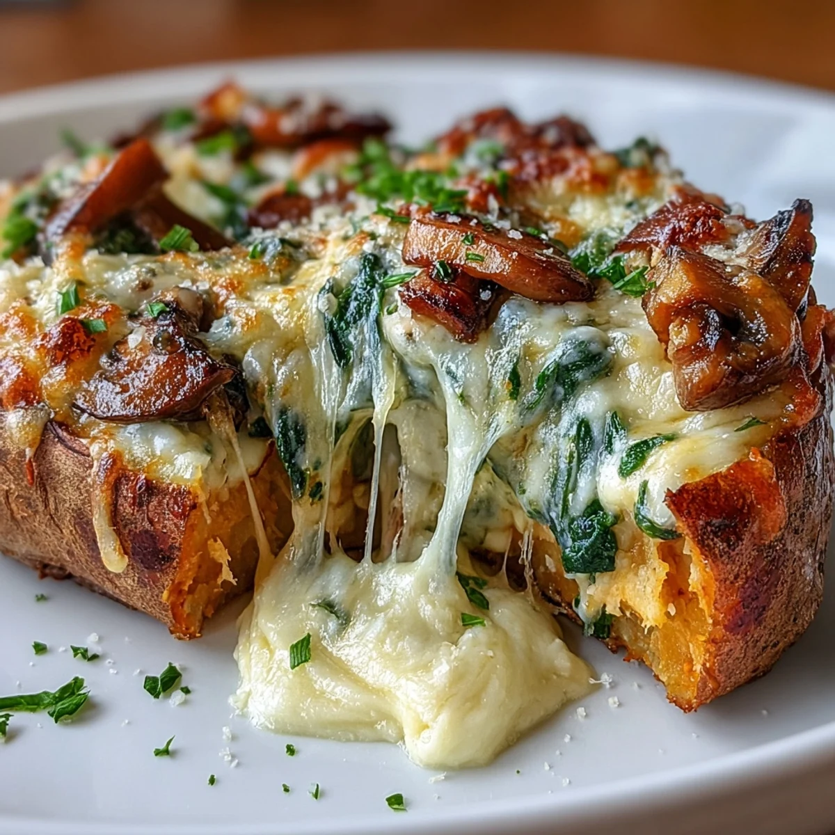 Two vibrant stuffed sweet potatoes cooling on a plate, showing the hearty mushroom, spinach, and cheese filling.