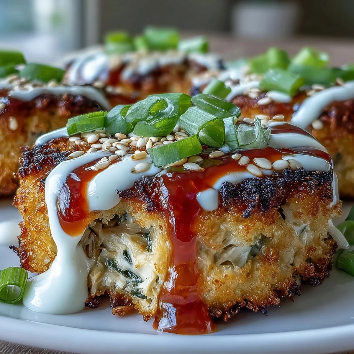 Golden-brown Asian-Style Tuna Cakes fried in a skillet, garnished with green onions and sesame seeds, served alongside a creamy spicy mayo dipping sauce.