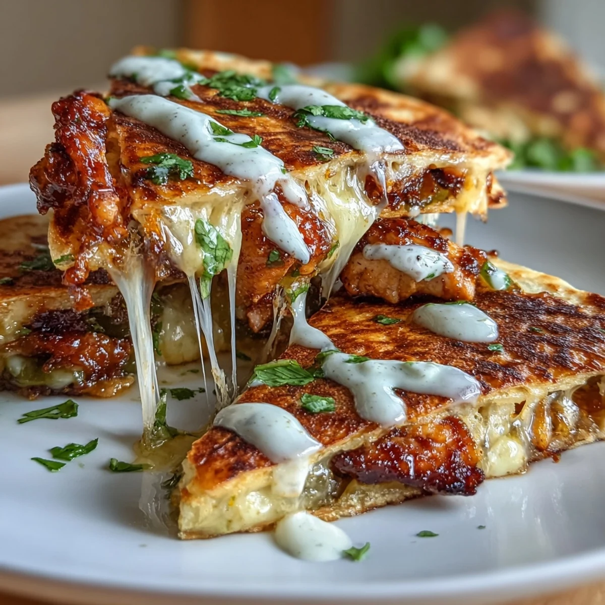 A slice of Cheesy Hot Honey Chicken Quesadilla with visible spicy chicken and creamy jalapeño sauce, perfect for a quick weeknight Mexican-style dinner.
