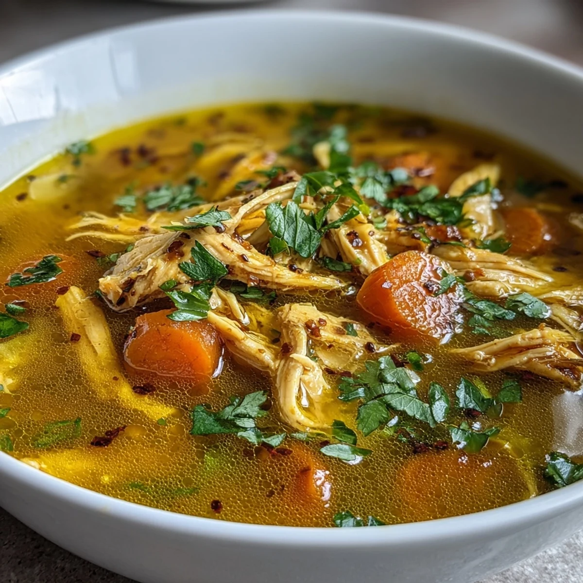 A steaming bowl of Anti-Inflammatory Turmeric Chicken Soup with carrots and fresh cilantro garnish.  