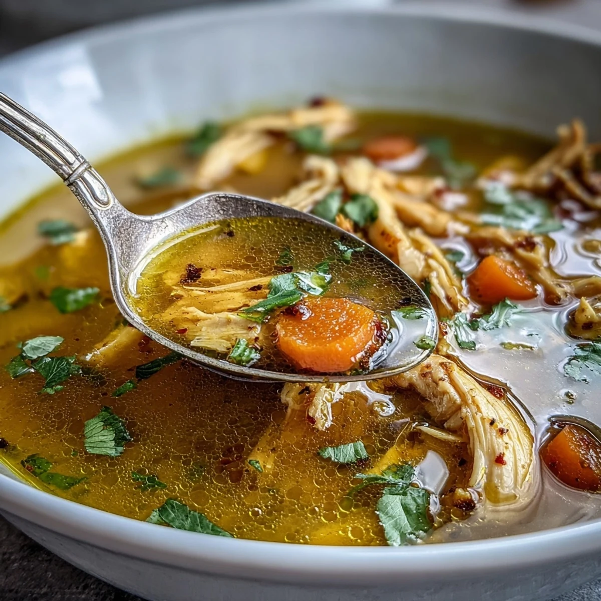 A ladle lifting nourishing Anti-Inflammatory Turmeric Chicken Soup from a pot, showing its vibrant golden color.
