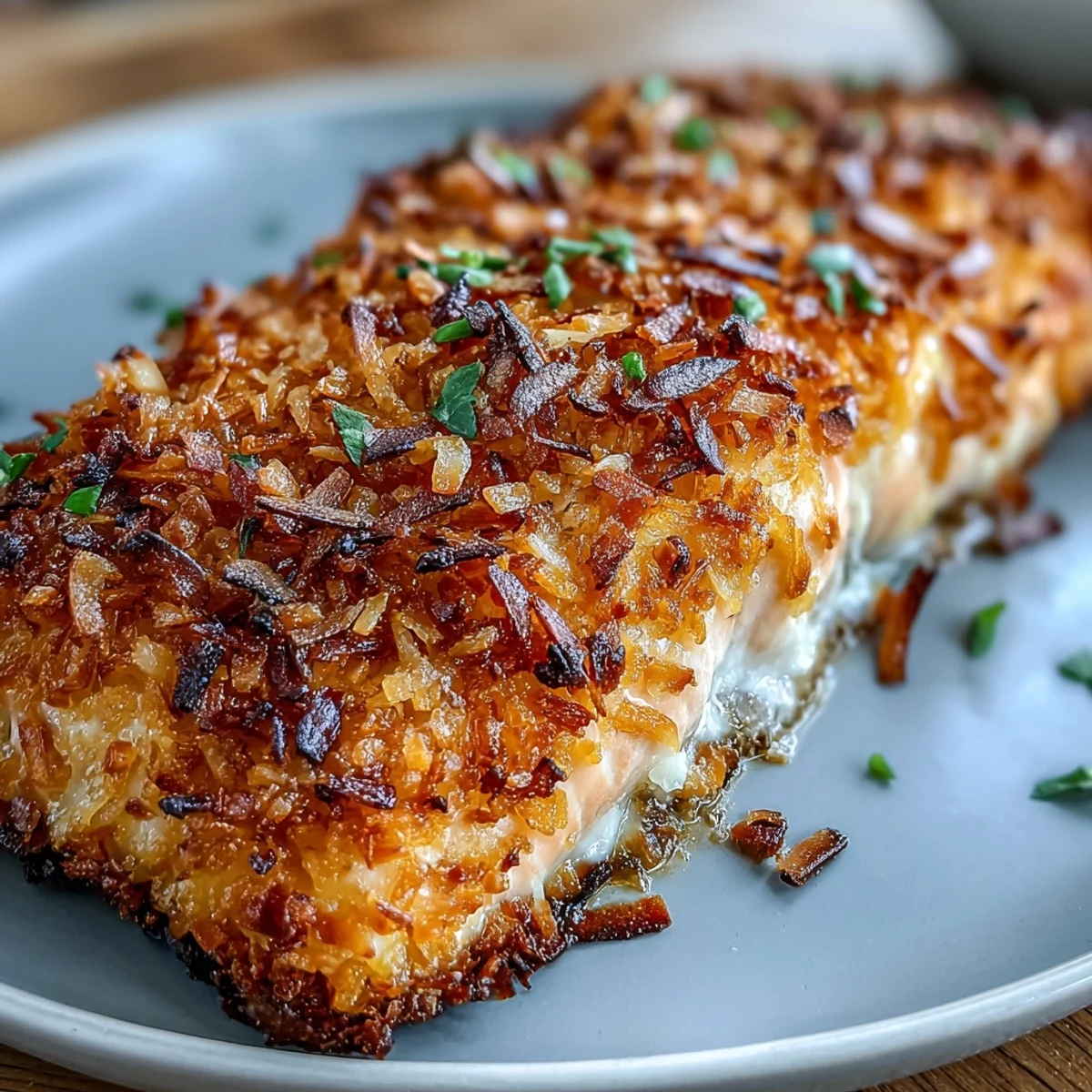 A close-up of coconut crusted salmon fillet topped with vibrant pineapple salsa, garnished with lime wedges.