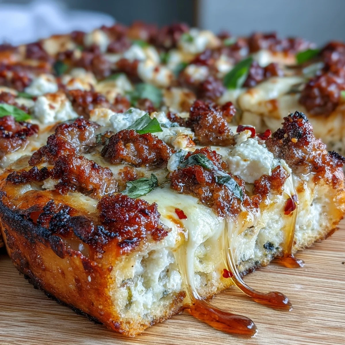 A close-up slice of hot sausage feta honey pizza, with melted mozzarella and crumbled feta on a golden, crispy crust.  
