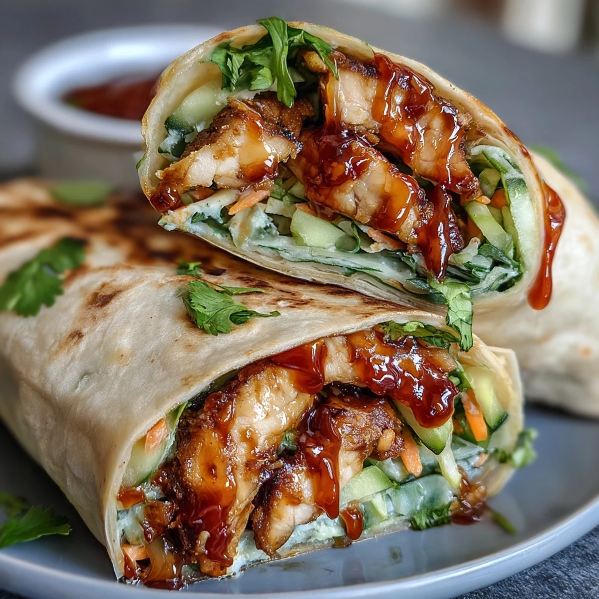 Sliced diagonally, these Sweet Chili Chicken Wraps reveal fresh herbs and vibrant vegetables, perfect for a quick and satisfying lunch.