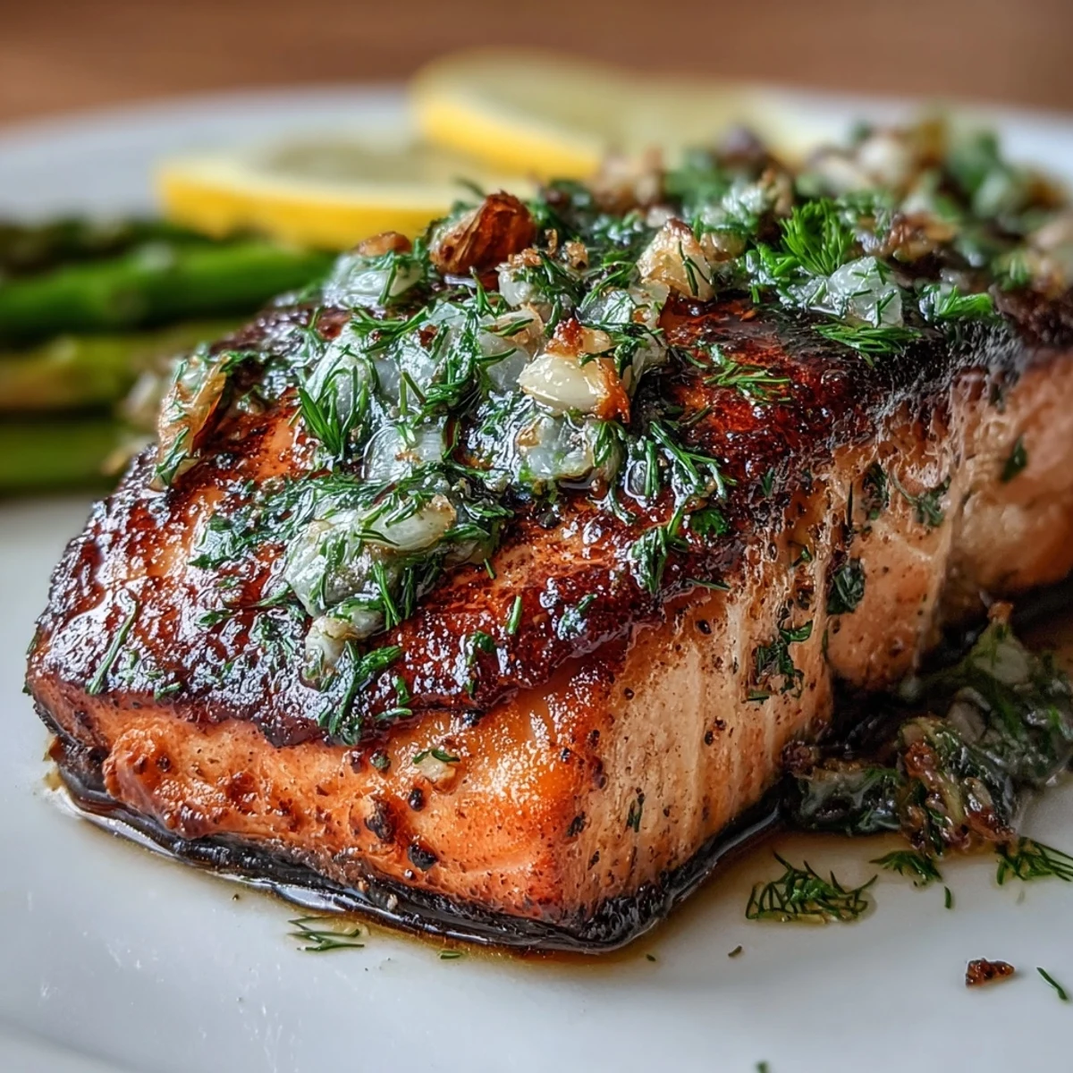 Close-up of Marry Me Salmon fillet garnished with chopped dill and sea salt, ready to serve with a side of roasted vegetables.