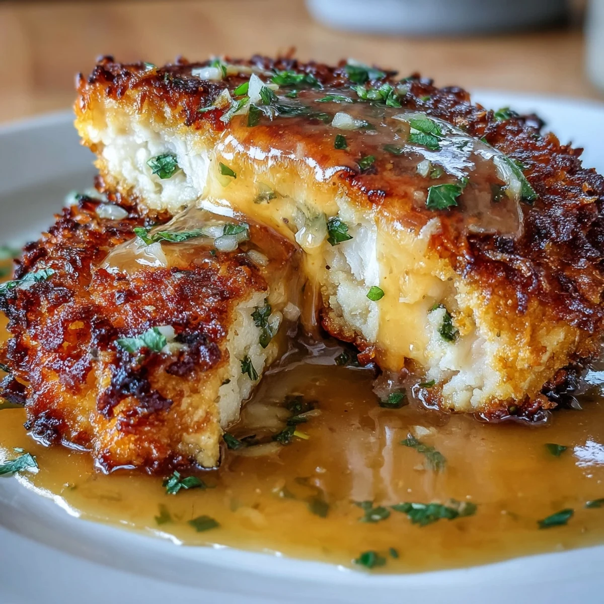 Golden-brown, crispy lemon Parmesan crusted chicken cutlets glistening with bright lemon butter sauce, served on a white plate.