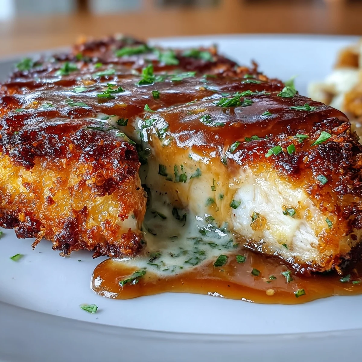 A close-up of golden Parmesan-crusted chicken cutlets with a drizzle of lemon butter sauce, ideal for a weeknight meal.