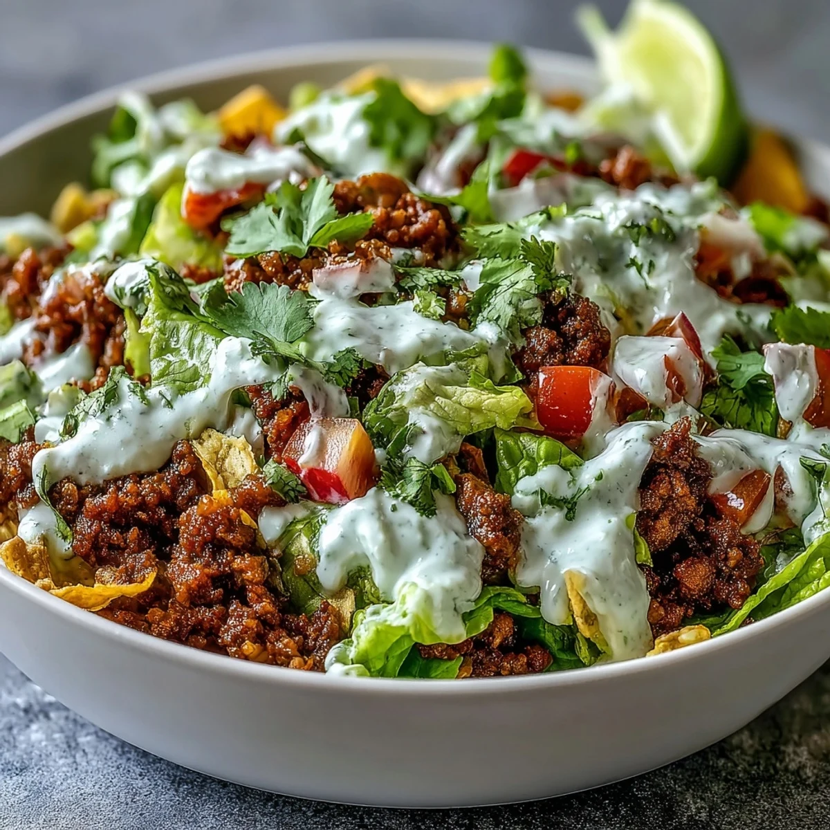 Colorful Healthy Taco Bowl overflowing with fresh veggies and savory seasoned beef.