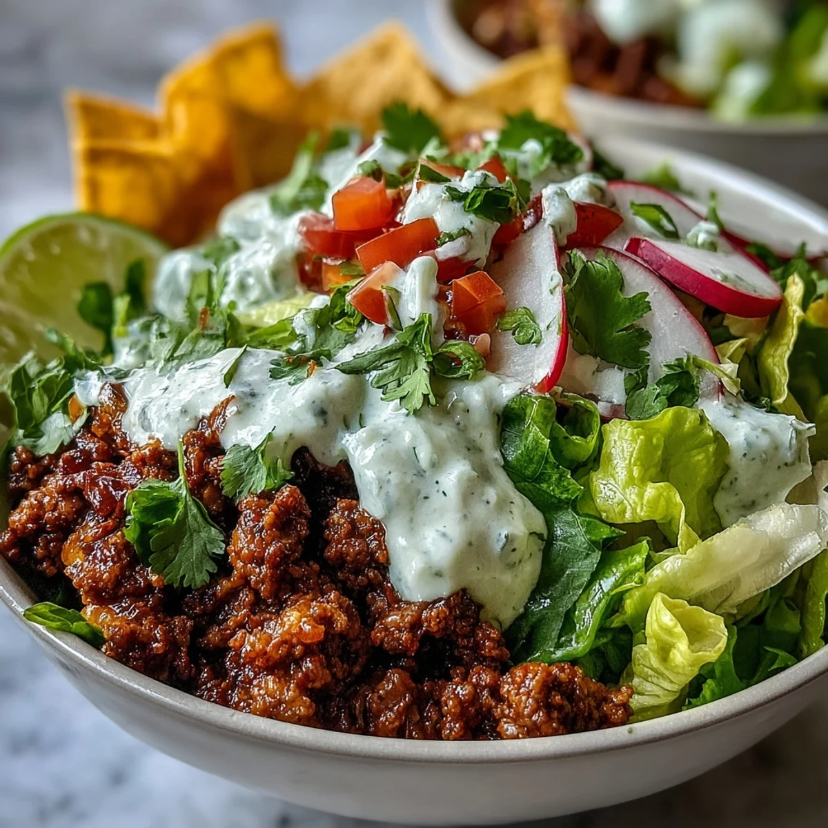Vibrant Healthy Taco Bowl with creamy lime yogurt, perfect for a quick lunch.