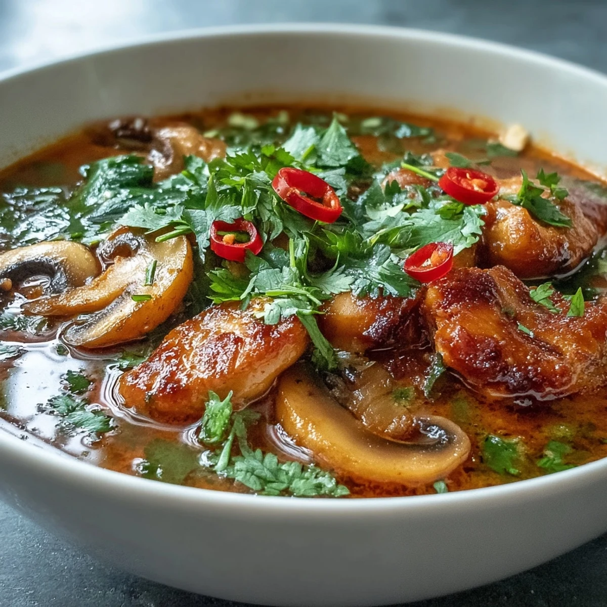 Flavorful Thai Coconut Curry Soup, creamy and rich, ready to enjoy.