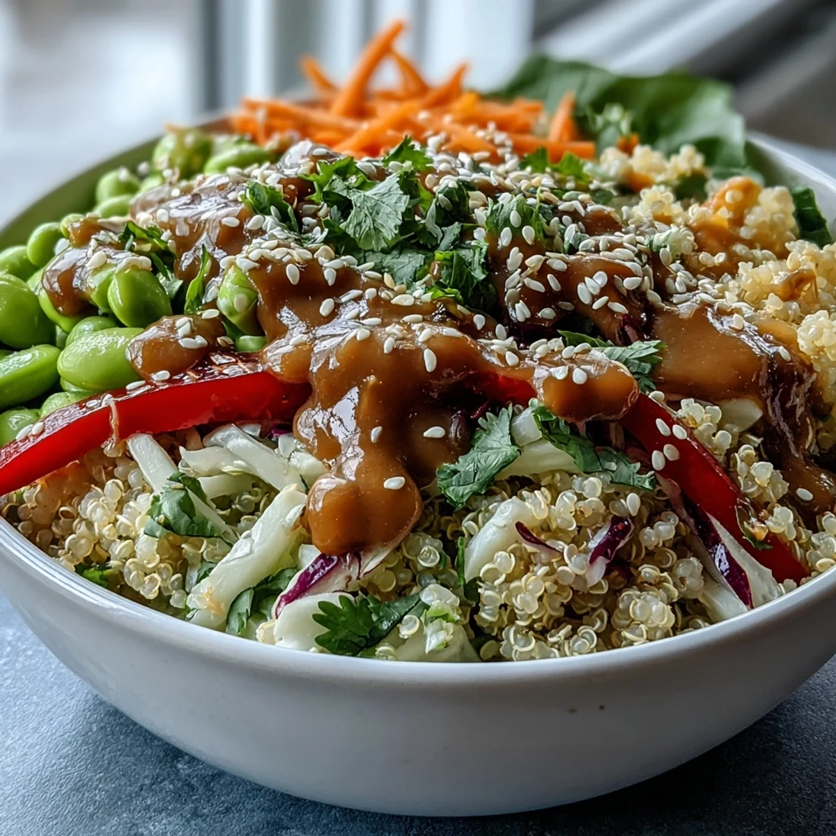 Plated Thai Coconut Quinoa Bowl, featuring fluffy coconut rice and fresh, zesty toppings.