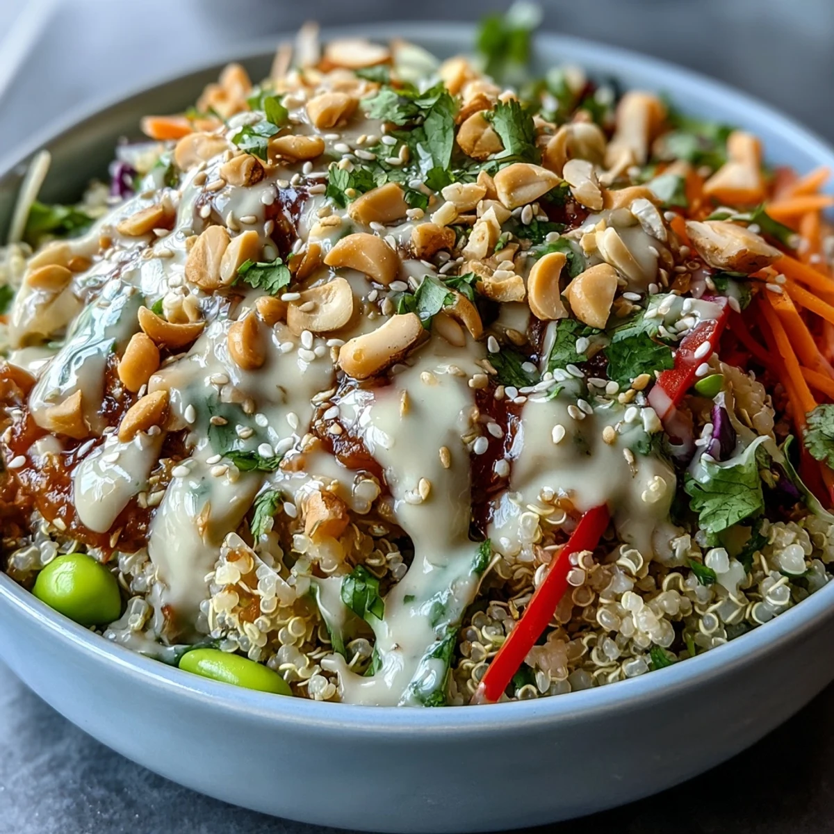 Healthy Thai Coconut Quinoa Bowl: a nourishing dish with creamy quinoa and vibrant veggies.