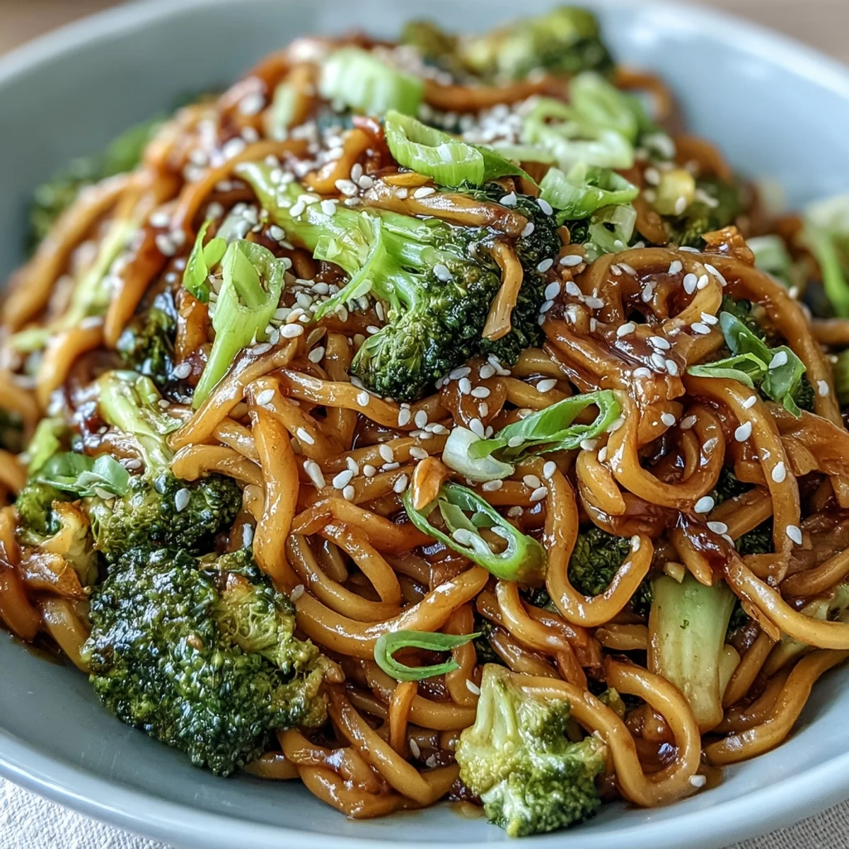 Vibrant Asian teriyaki noodle bowl with crisp vegetables and sesame seeds.