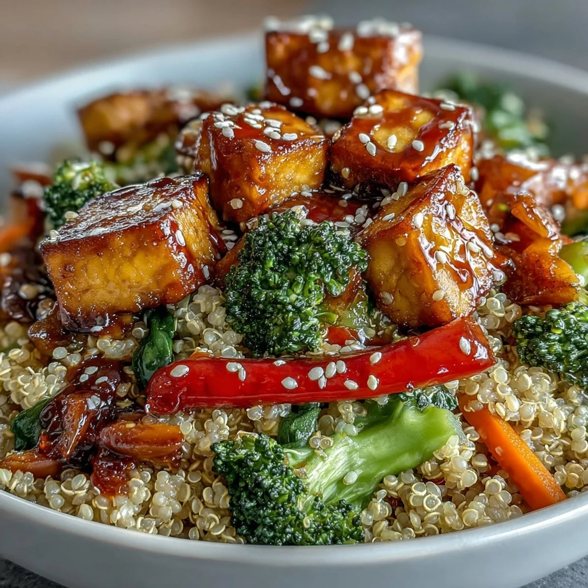Vibrant Quinoa Vegetable Teriyaki Bowl bursting with colorful, crisp veggies and crispy tofu.