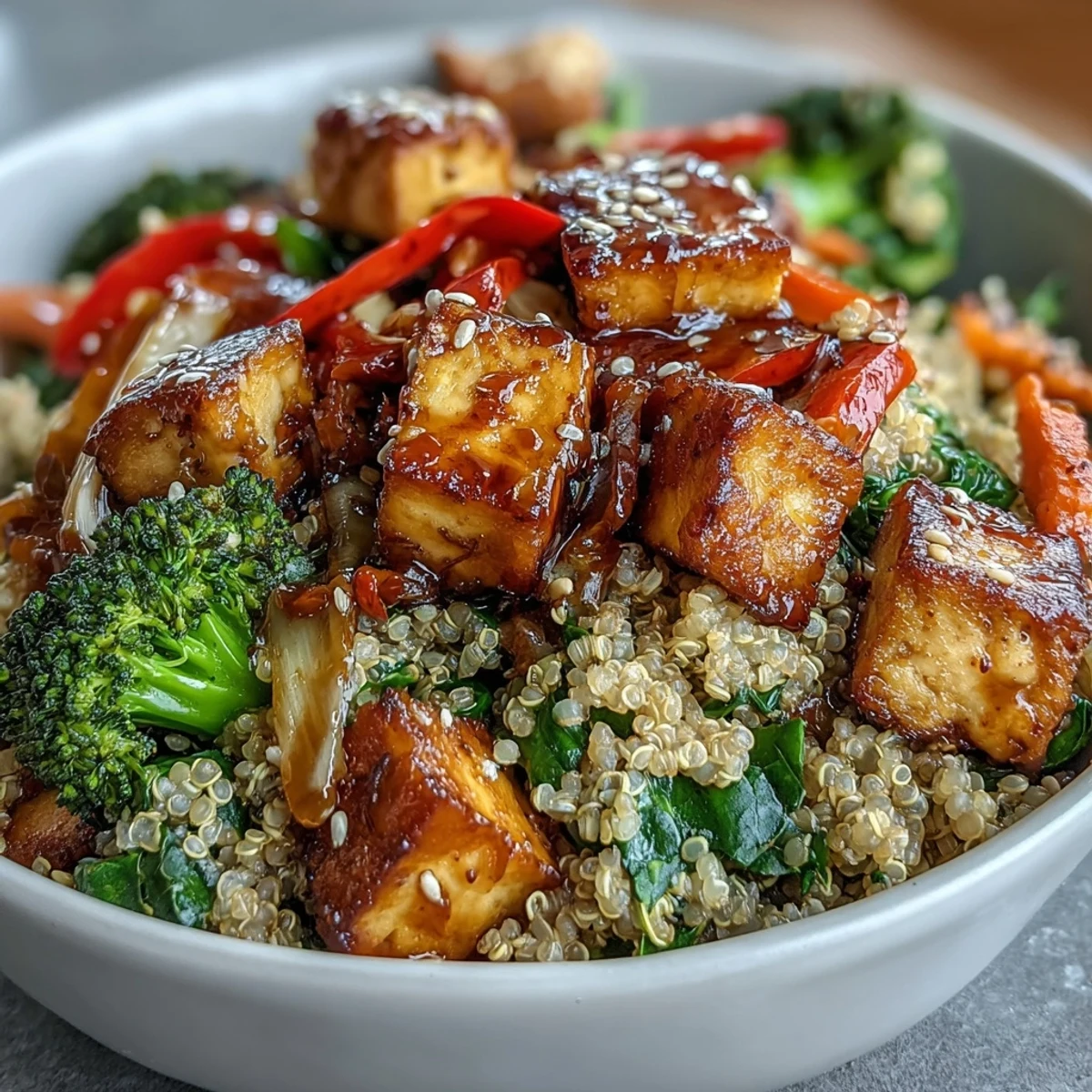 Hearty Quinoa Vegetable Teriyaki Bowl, a satisfying, flavorful meal ready for lunch.