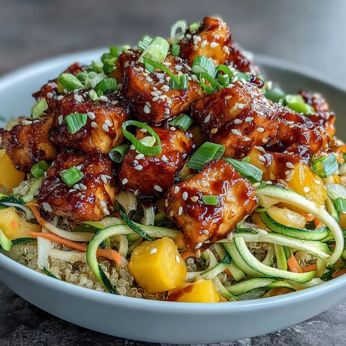 Vibrant Easy Teriyaki Quinoa Bowl with fresh mango and crispy baked tofu.
