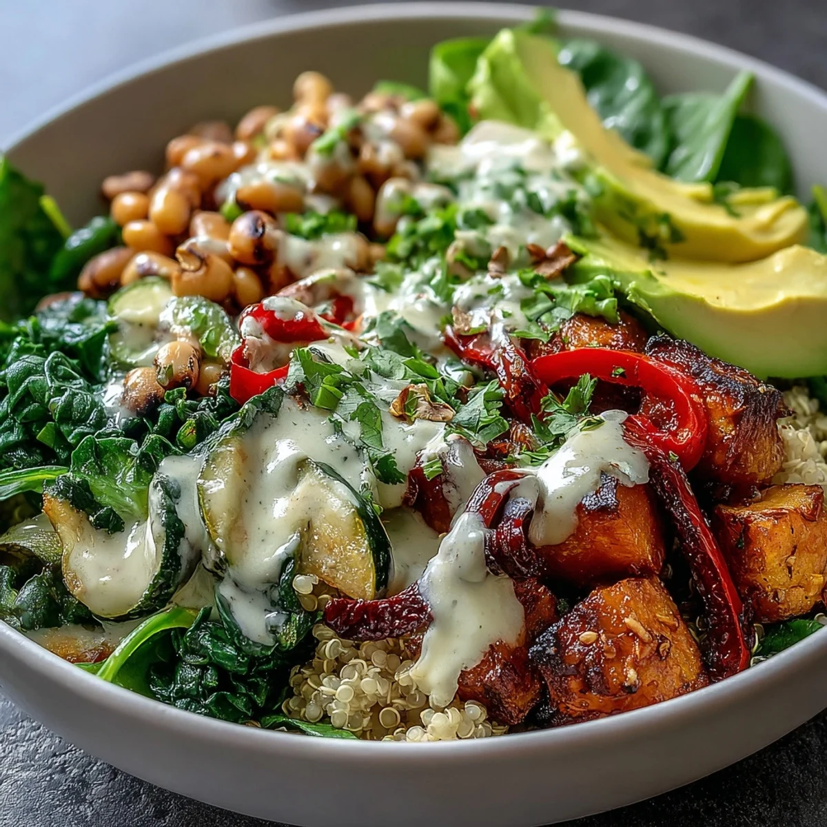 Black-Eyed Pea Buddha Bowl topped with creamy avocado, vibrant roasted vegetables, and a rich tahini drizzle, served over fluffy quinoa.