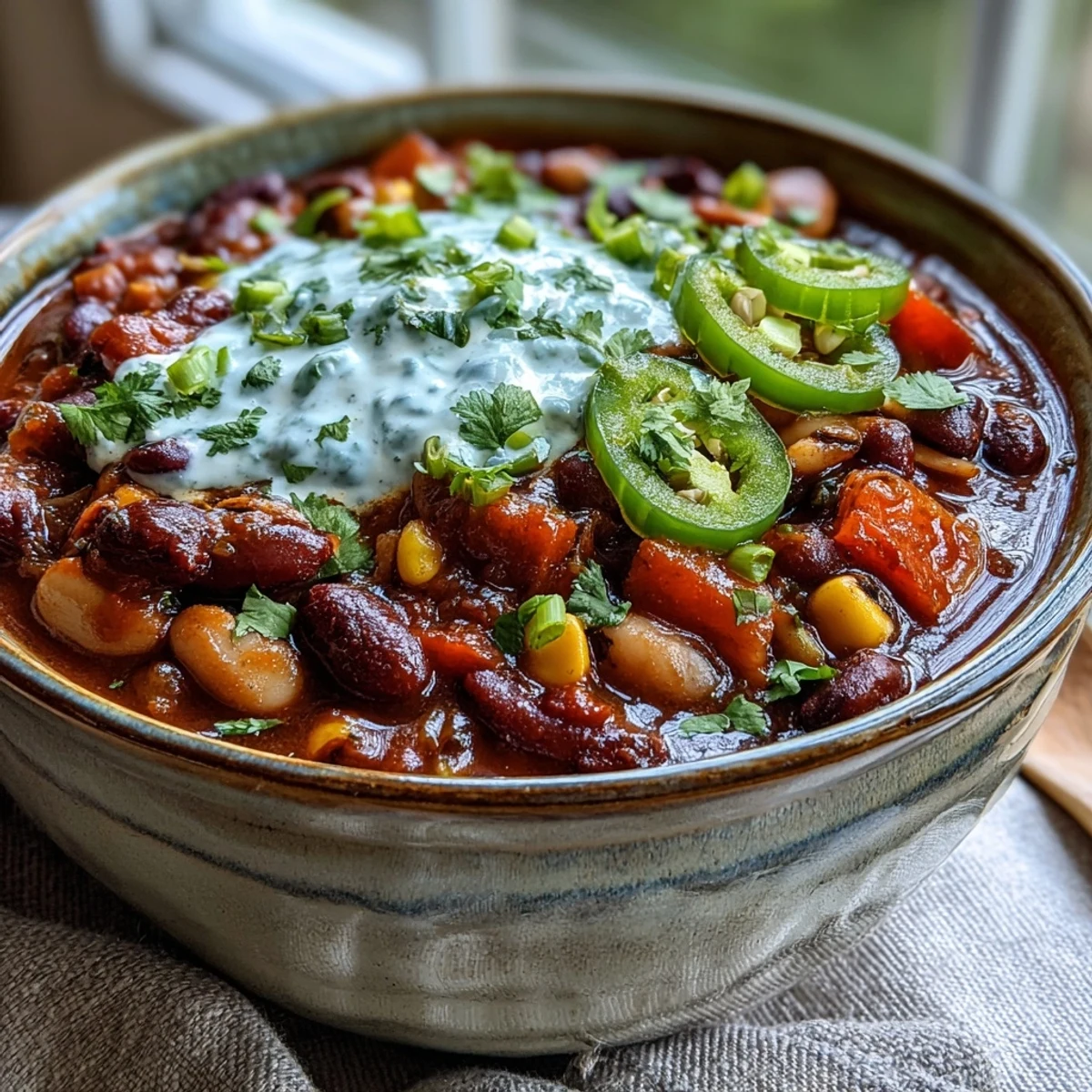 Hearty Black-Eyed Pea Chili simmering in a rustic pot, garnished with cilantro and a dollop of sour cream.