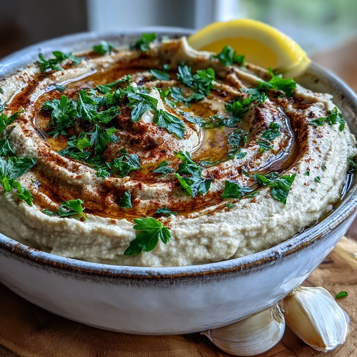 Homemade Black-Eyed Pea Hummus spread on a gluten-free cracker with a lemon wedge on the side.