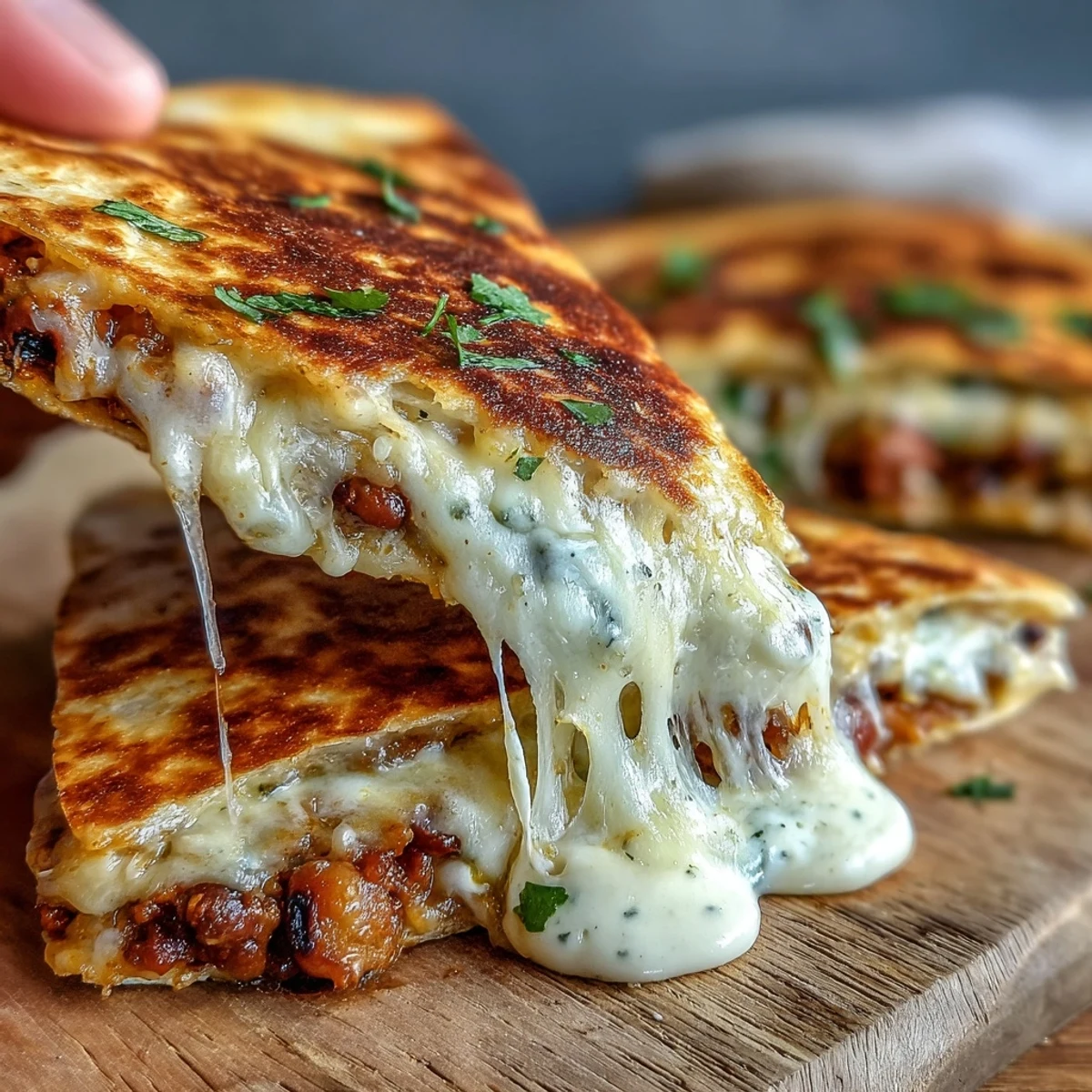 Golden-brown Black-Eyed Pea Quesadilla wedges are served on a plate with a small bowl of salsa and a dollop of sour cream.