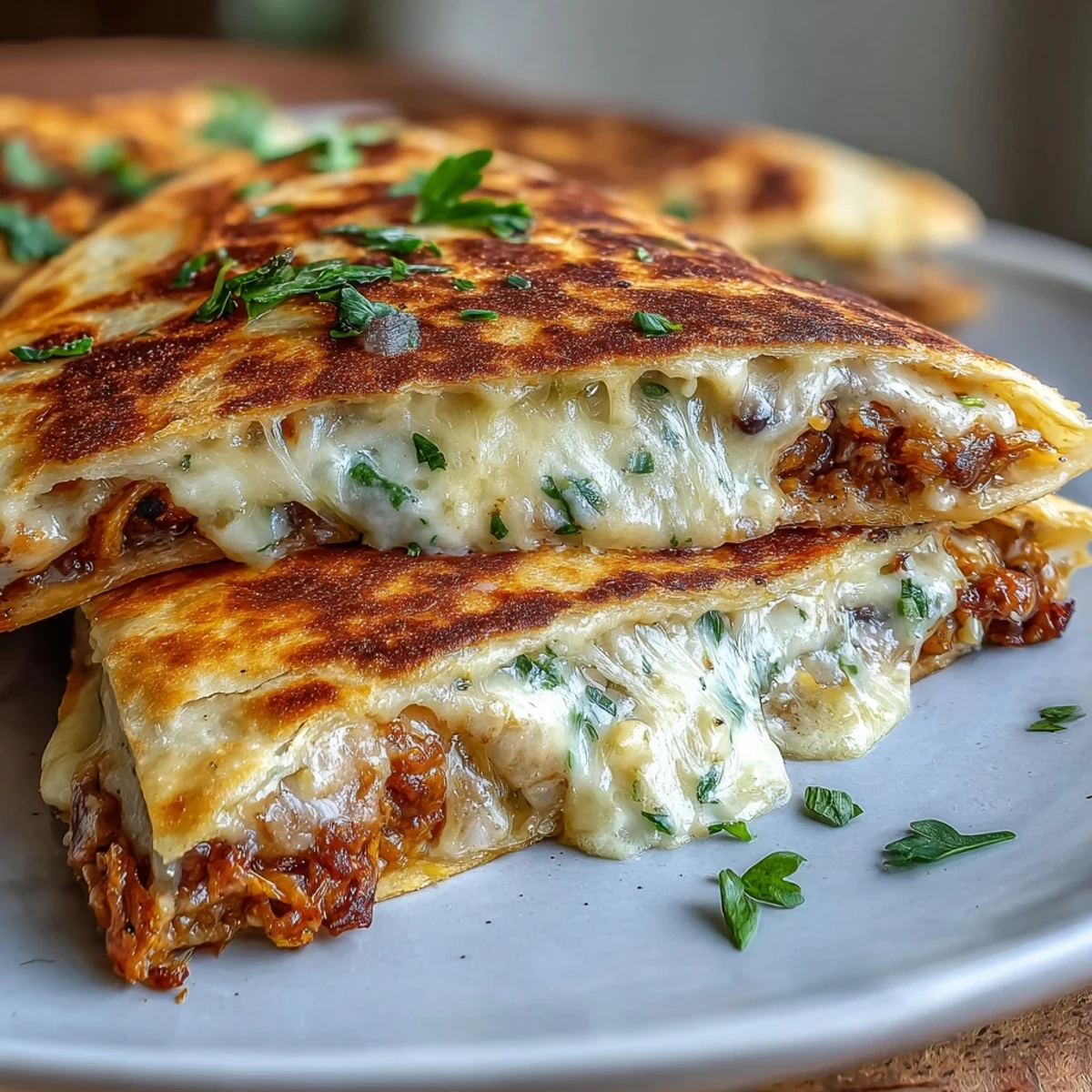 Two halves of a toasted flour tortilla stuffed with creamy mashed black-eyed peas and gooey melted Monterey Jack cheese.