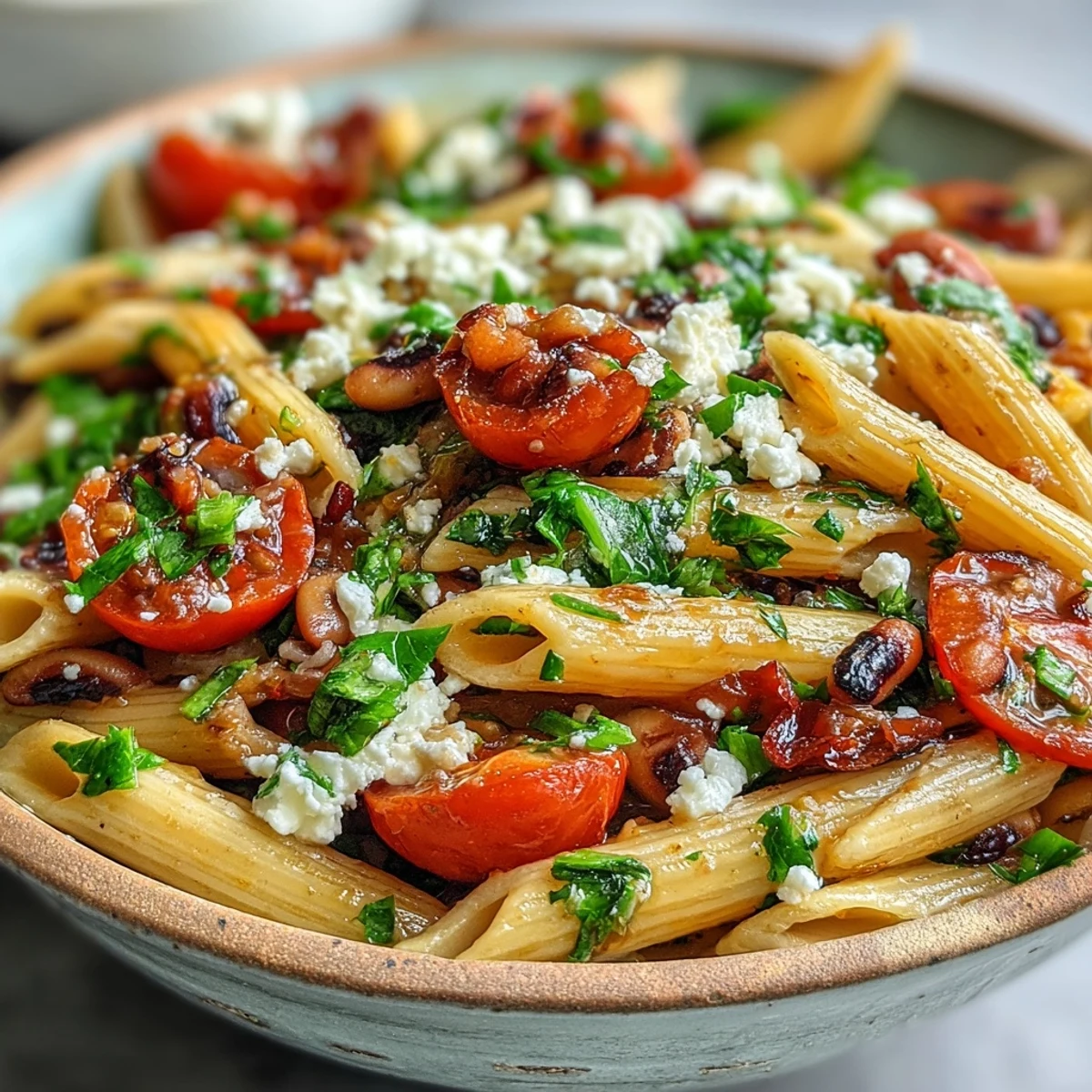Freshly prepared Black-Eyed Pea Pasta served in a rustic ceramic bowl, garnished with bright parsley, basil, and crumbled feta cheese for a Mediterranean main course.