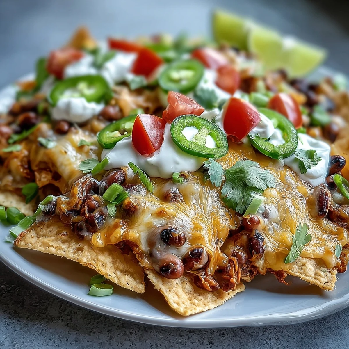 Golden tortilla chips loaded with hearty black-eyed peas, gooey cheese, and fresh cilantro served on a rustic platter with lime.