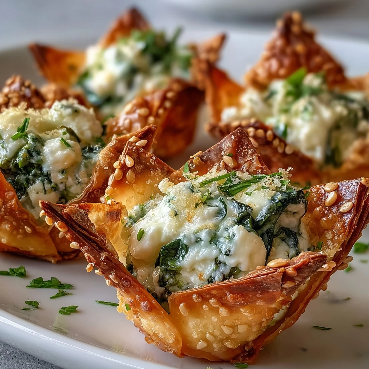 Golden Mediterranean Spinach and Feta Cheese Crisps sit on a white platter, featuring crispy baked wonton cups with vibrant green filling and a sprinkle of smoked paprika.
