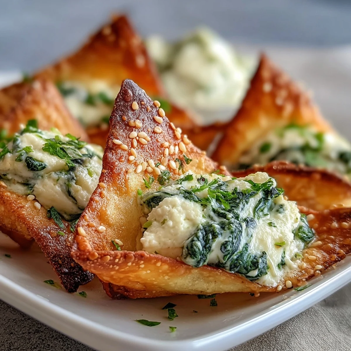 Freshly baked Mediterranean Spinach and Feta Cheese Crisps feature golden wonton shells packed with creamy feta and wilted spinach, arranged beautifully for a party appetizer tray.