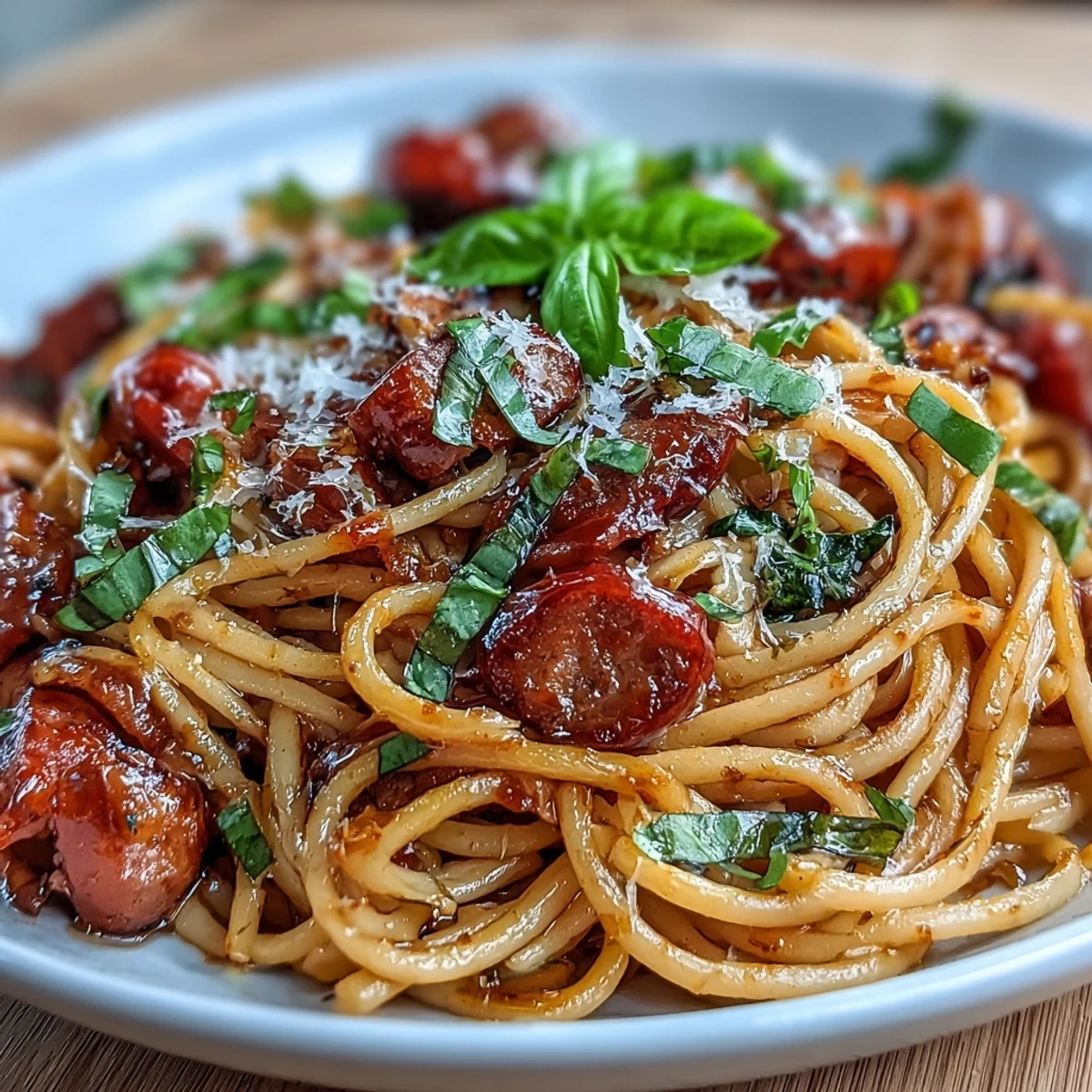 Italian Drunken Noodles feature al dente spaghetti tossed in a rich Chianti tomato sauce with spicy sausage, sweet cherry tomatoes, and fresh basil.