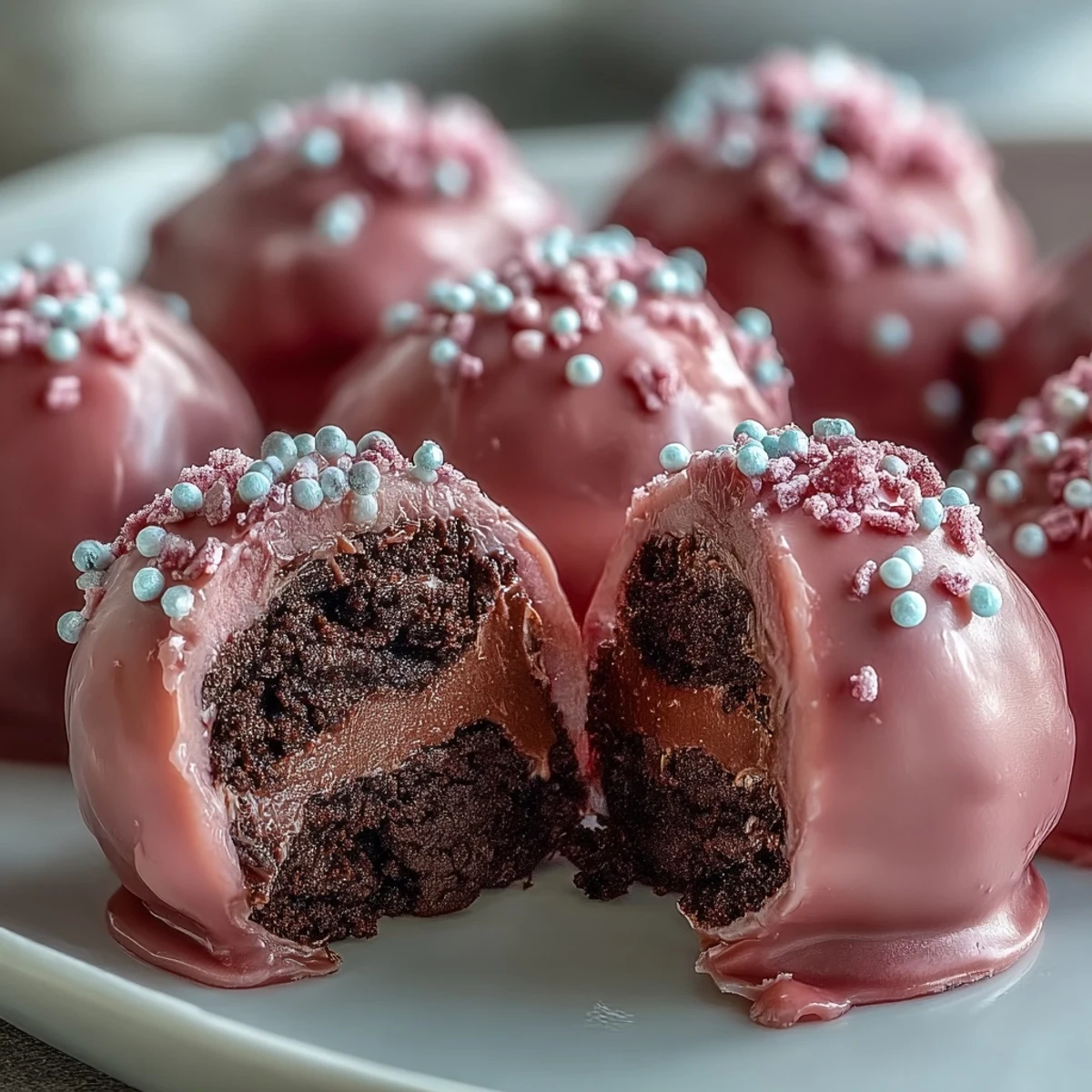 Close-up of a bitten Oreo Truffle Ball revealing a smooth cream cheese and Oreo filling inside the bright pink candy coating.