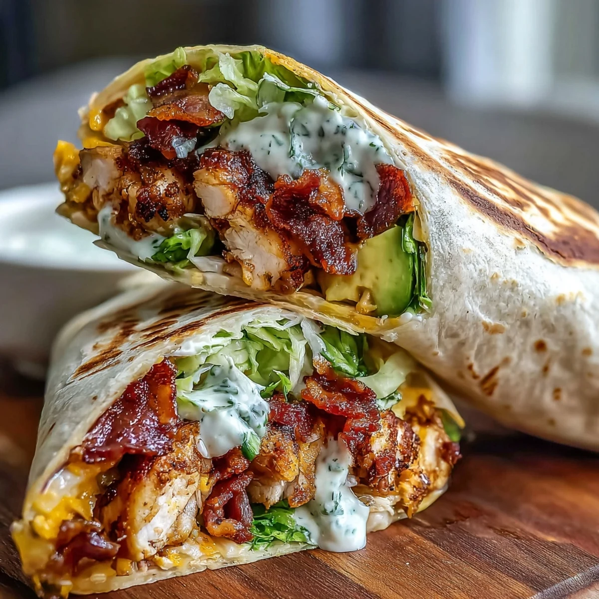 Golden-brown crispy chicken, smoky bacon strips, and melted cheddar cheese wrapped in a toasted flour tortilla with fresh lettuce and tomato.