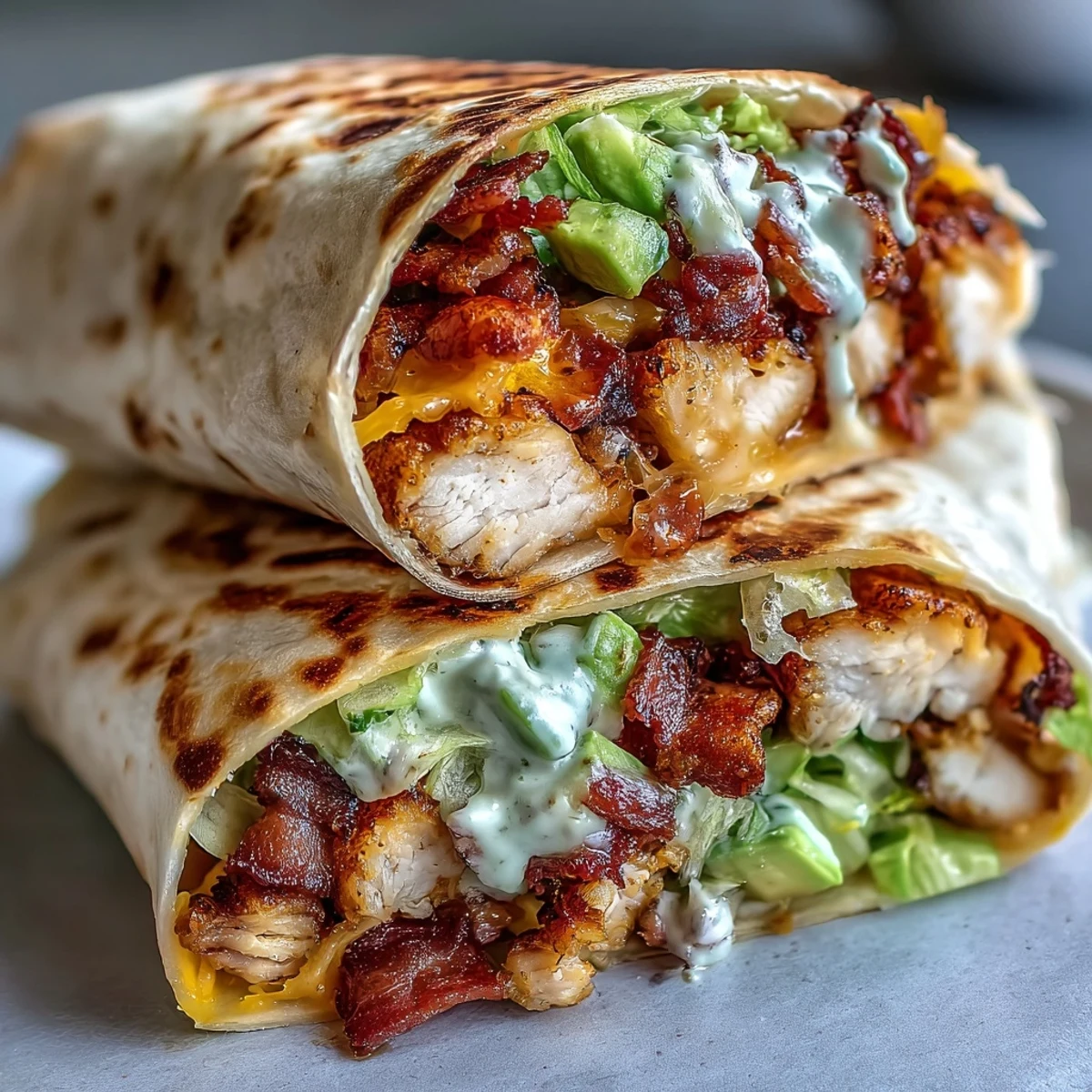 A diagonal-cut view of the crispy chicken bacon wrap reveals layers of juicy chicken, crunchy bacon, and shredded cheddar inside.