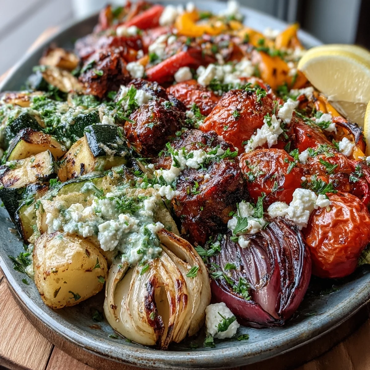 Roasted Mediterranean Greek Vegetables fresh from the oven with caramelized edges and herbs