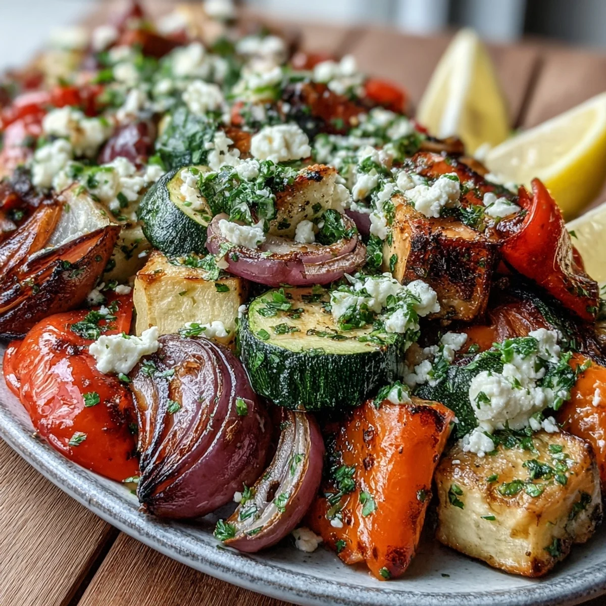Roasted Mediterranean Greek Vegetables tossed with lemon juice, olives, and warm pita bread