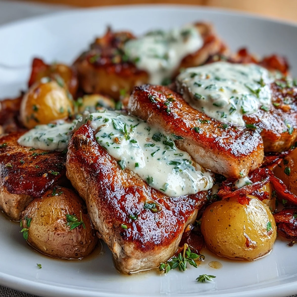 Tender, golden-seared Crockpot Ranch Pork Chops swimming in a creamy, velvety ranch gravy with potatoes and carrots.